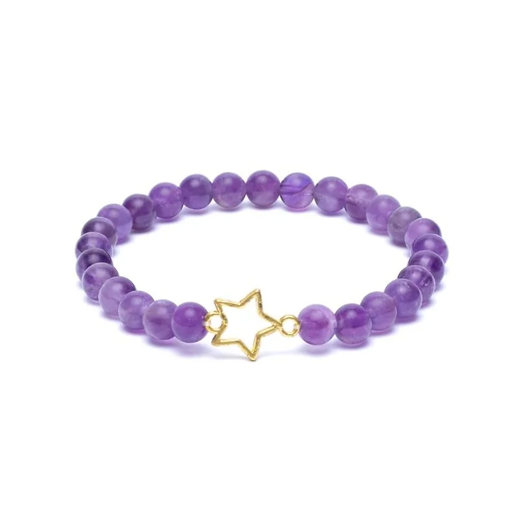 Bracelet élastique breloque étoile améthyste perles -- 6mm
