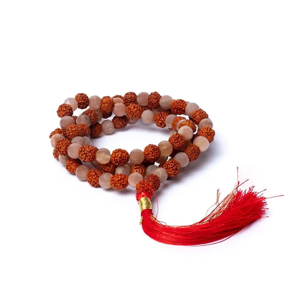 Mala pierre de lune pêche/rudraksha qualité AA en pochette -- 0,6 cm