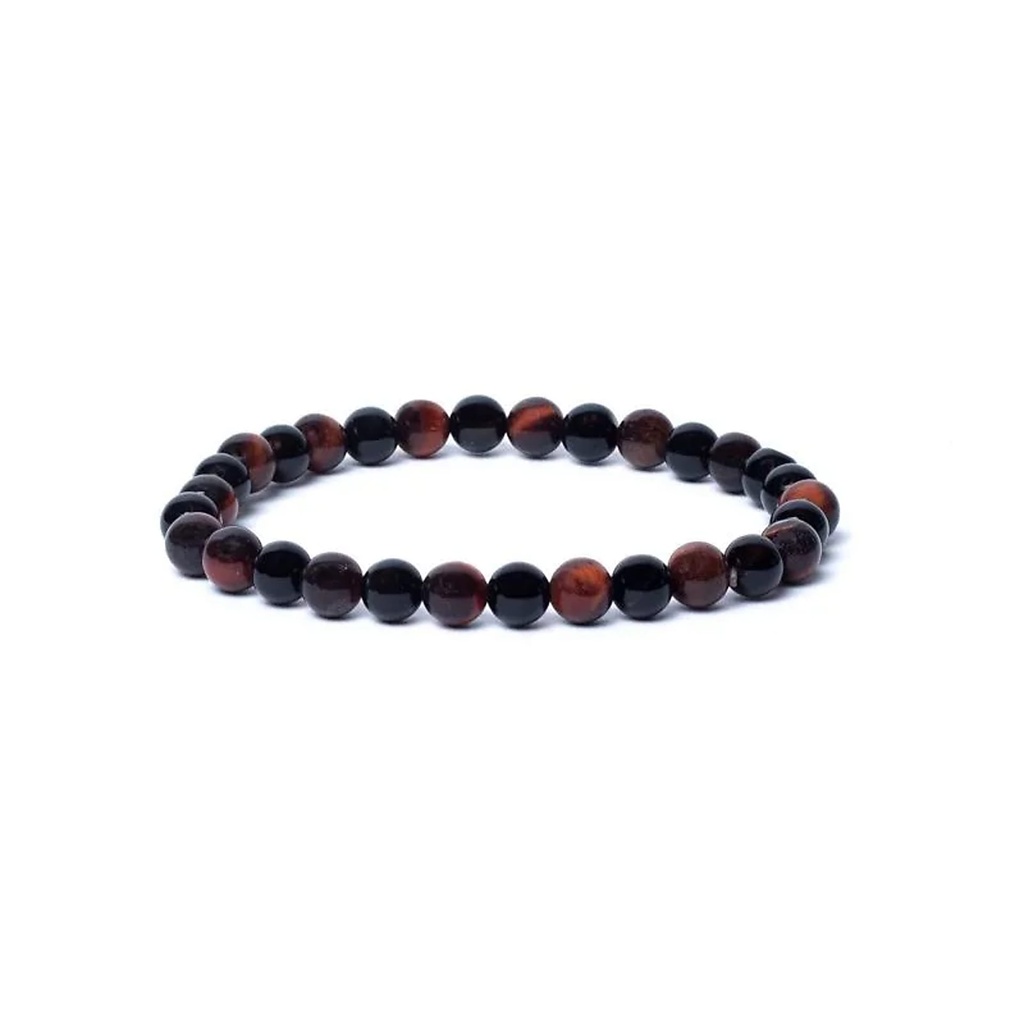 Bracelet onyx noir/oeil de tigre rouge élastique qualité AA -- 0,6 cm
