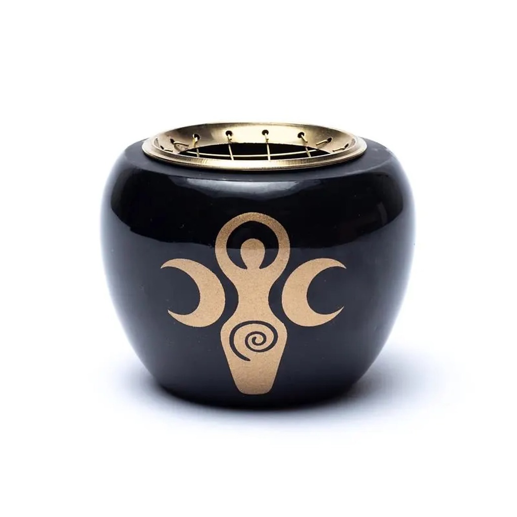 Brûleur d'encens symbole de déesse noir & or -- 9x7cm