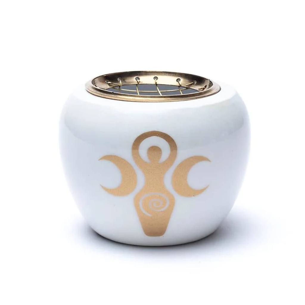 Brûleur d'encens symbole de déesse Blanc & Or -- 9x7cm