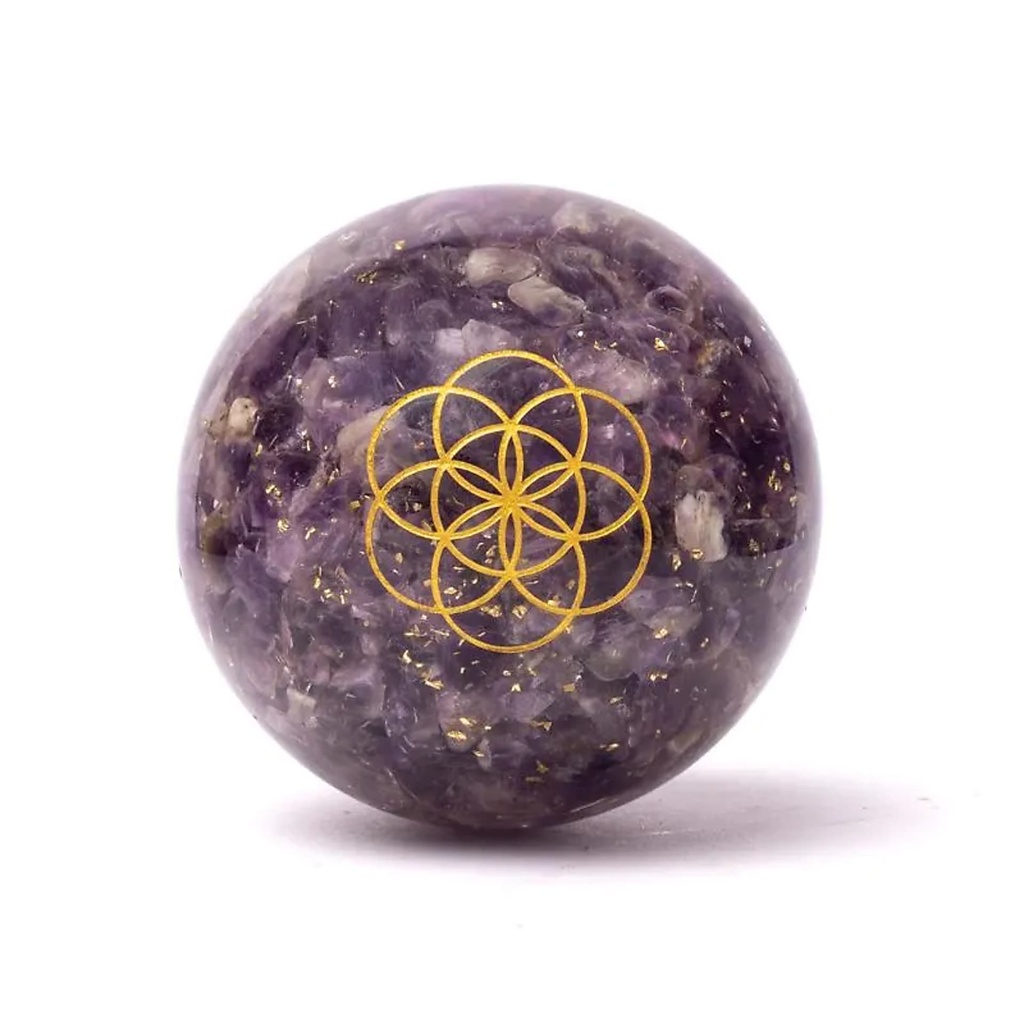 Orgonite sphère améthyste avec Fleur de Vie -- ±5,5cm	