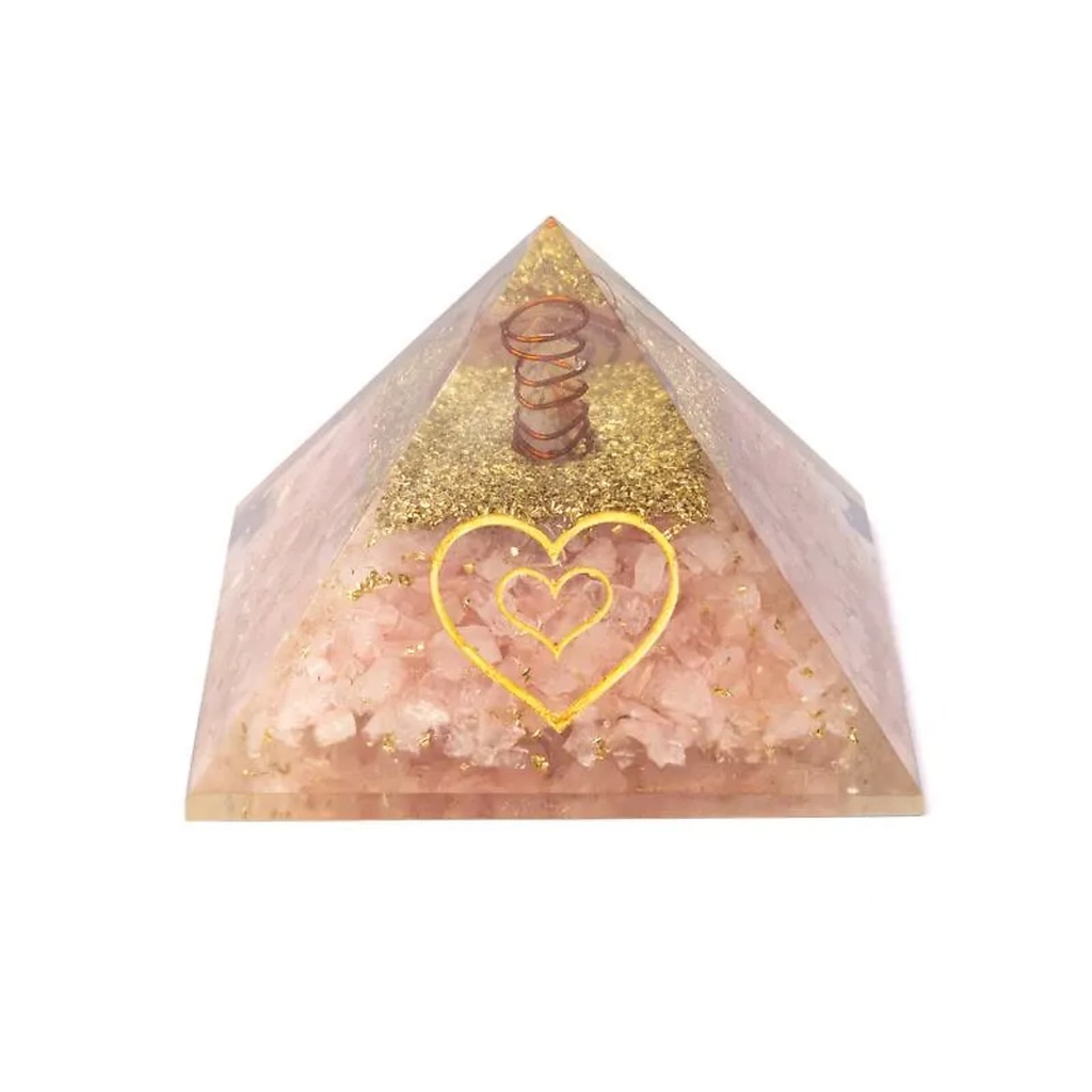 Orgonite pyramide quartz rose avec cœur -- ±7,5cm	