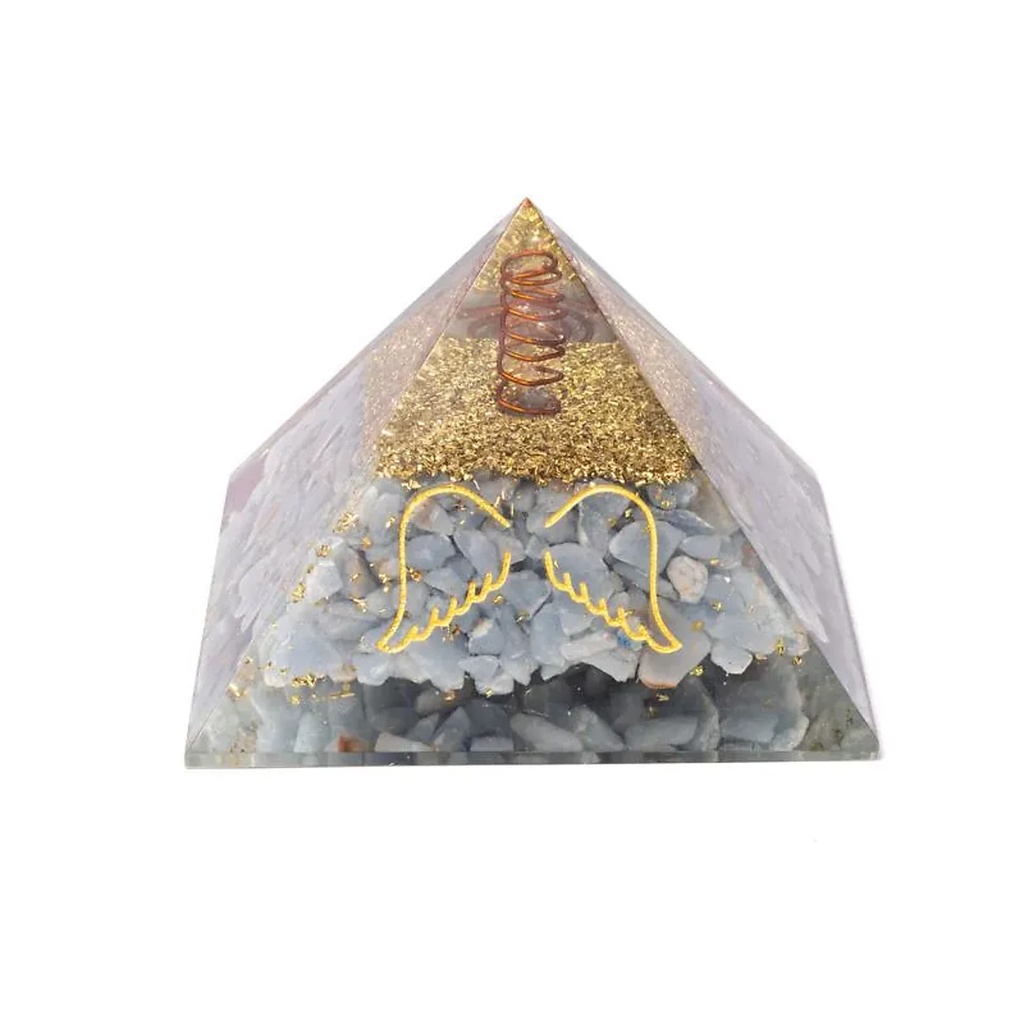 Orgonite pyramide angélite avec ailes d'ange -- ±7,5cm	