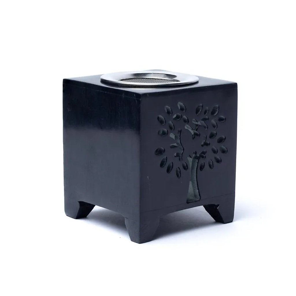 Brûle-encens arbre de vie stéatite noire -- 7.6x7.6x8.8cm