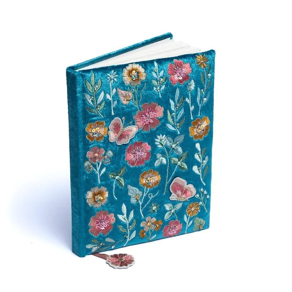 Carnet de notes velours bleu à fleurs -- 20x15 cm