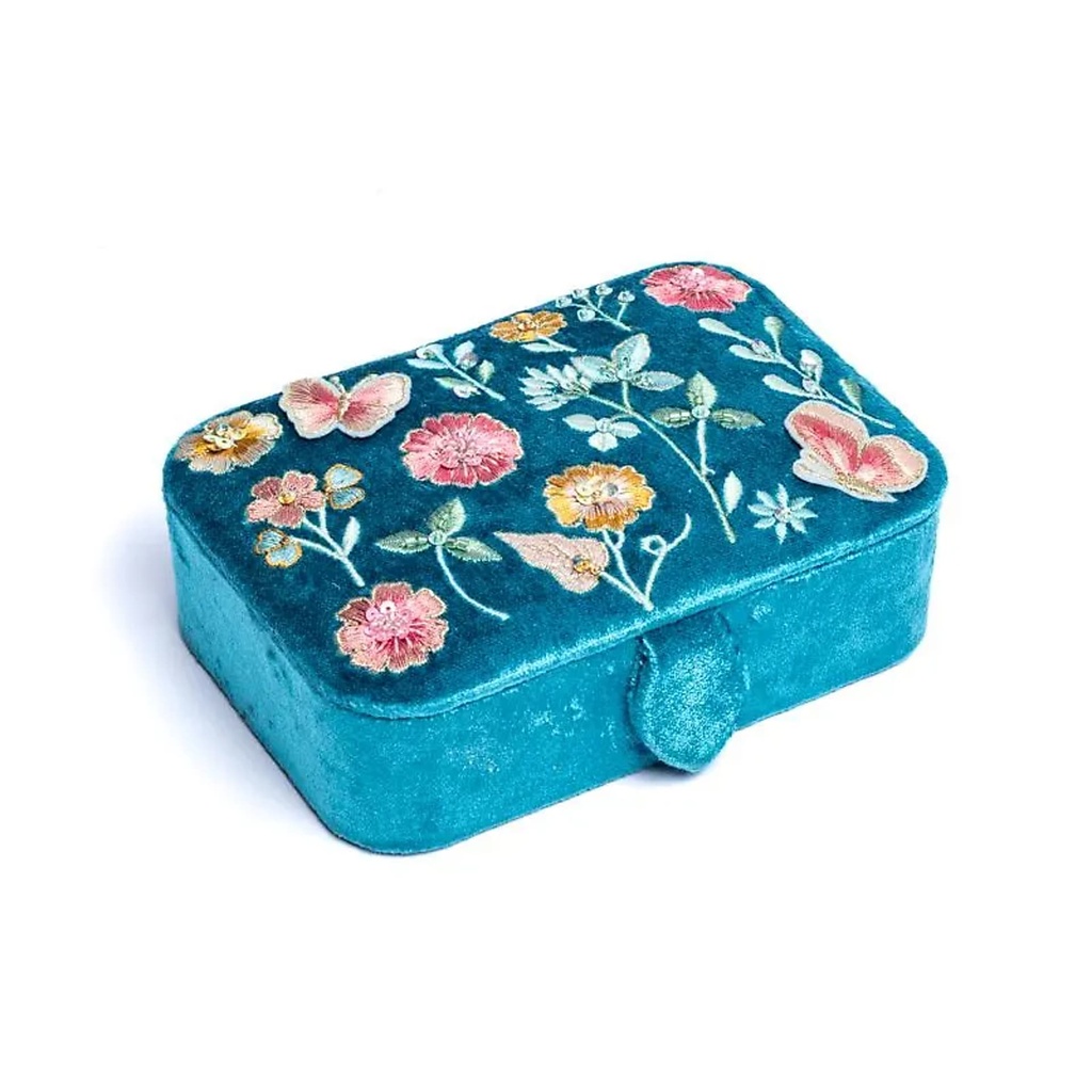 Coffret à bijoux / tarot velours bleu à fleurs -- 11x15,5x5 cm