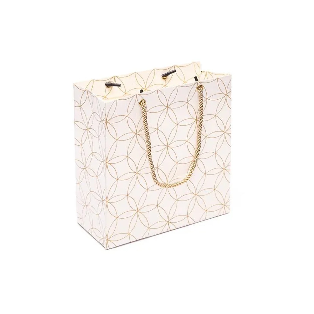 Pochette cadeau fleur de vie blanc et or -- 20x20x8,5cm	