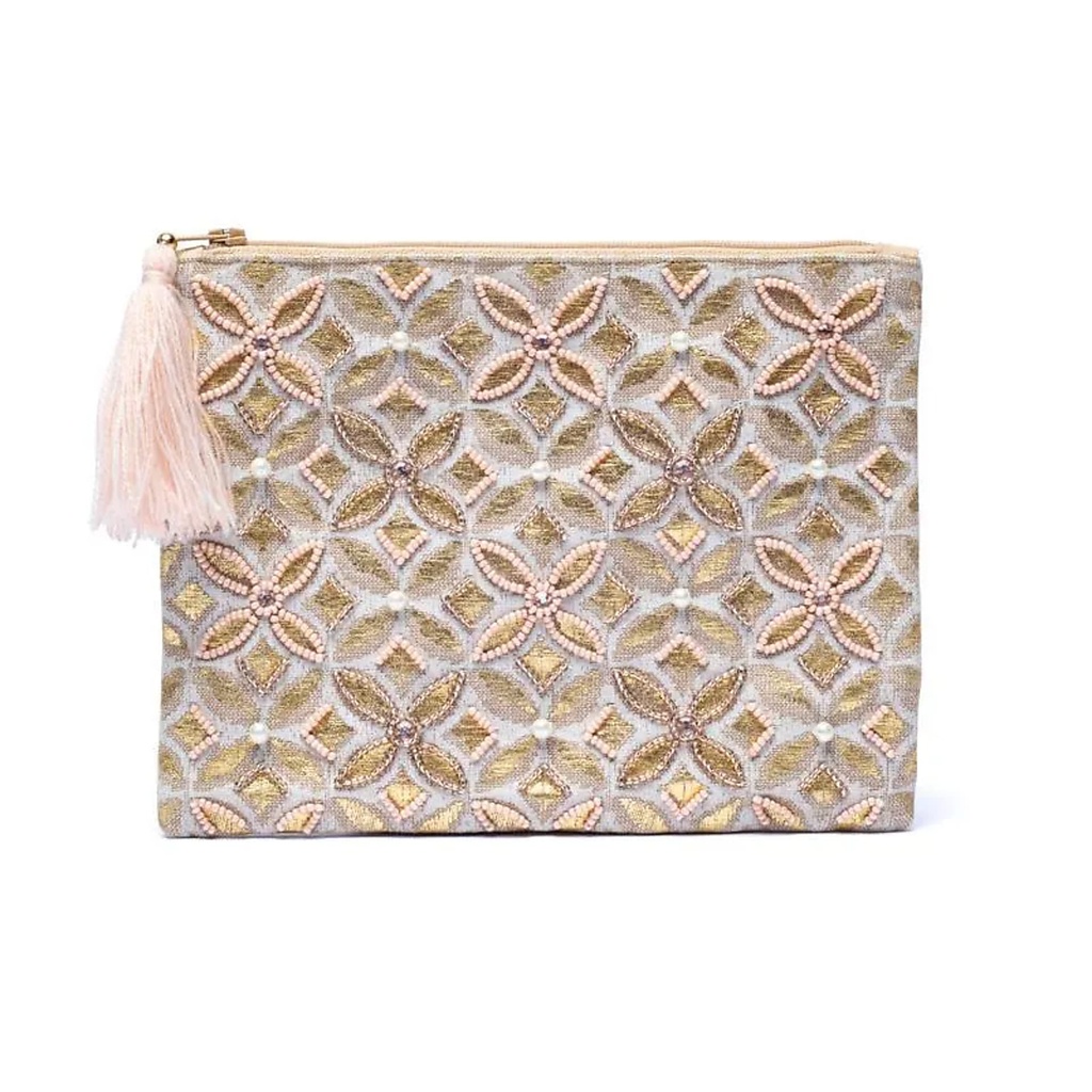 Pochette zippée en velours beige/or avec Fleur de vie -- 20x15 cm