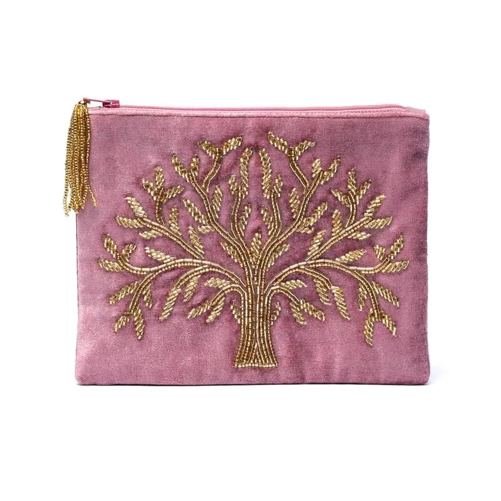Pochette zippée en velours Rose avec Arbre de vie -- 20x15 cm