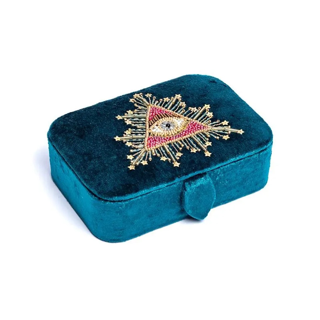 Coffret à bijoux / tarot velours pétrole avec Oeil des tarots -- 11x15,5x5 cm