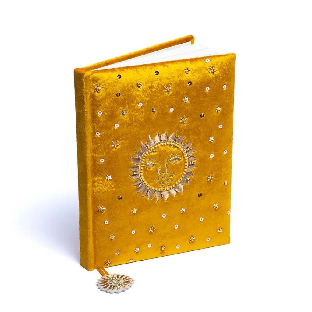 [8721139293300] Carnet de notes velours Jaune avec Soleil -- 20x15 cm