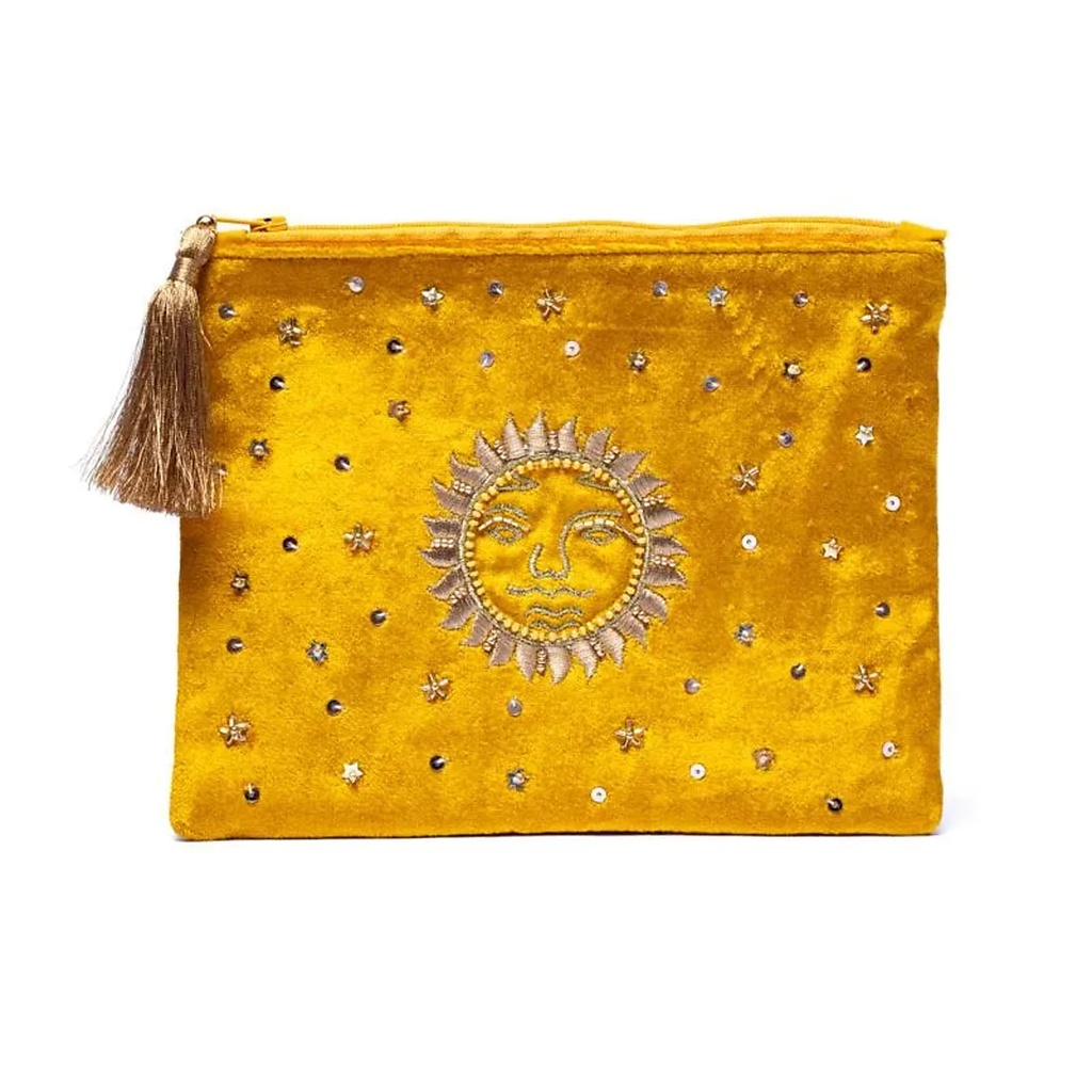 Pochette zippée en velours Jaune avec Soleil  -- 20x15 cm