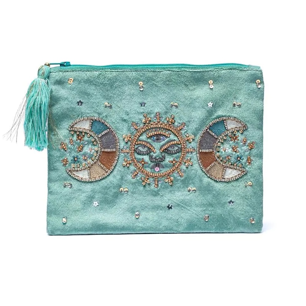 Pochette zippée en velours Menthe avec phases lunaires -- 20x15 cm