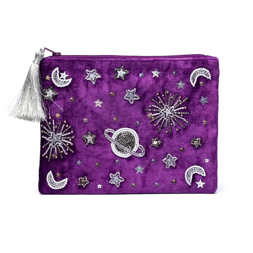 Pochette zippée en velours violet avec galaxie -- 20x15 cm