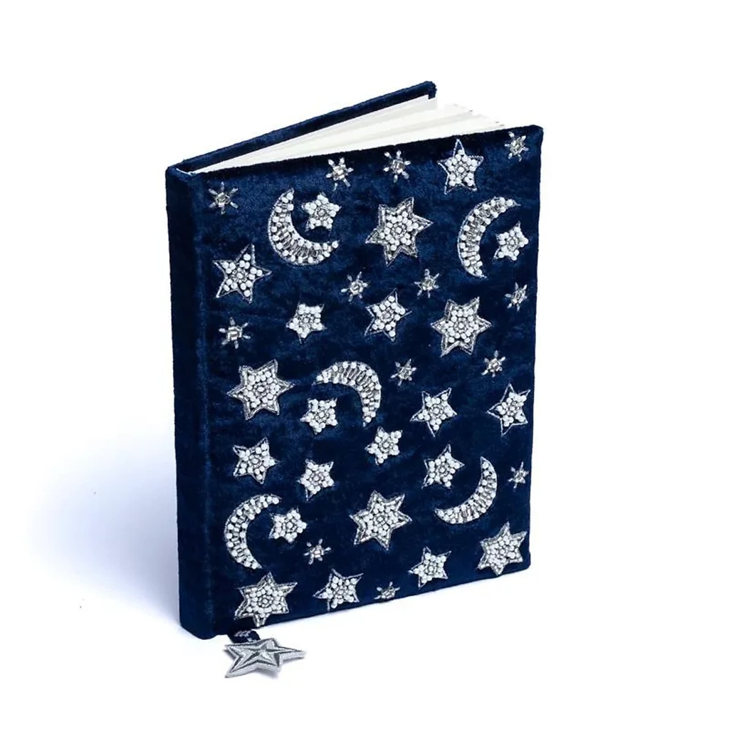 [8721139293423] Carnet de notes velours bleu foncé avec lune et étoiles -- 20x15 cm