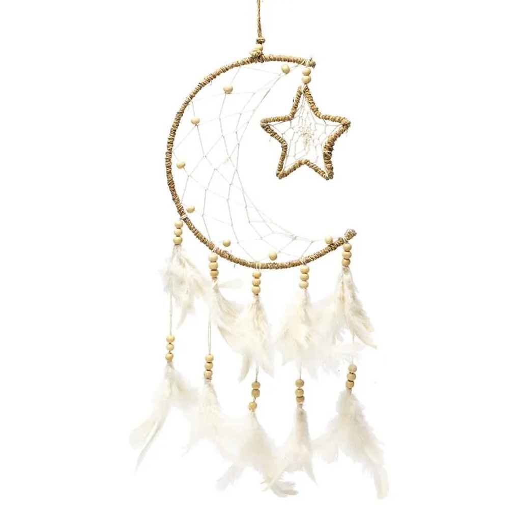 Attrape-rêves chanvre lune et étoiles blanc -- ±65x18cm