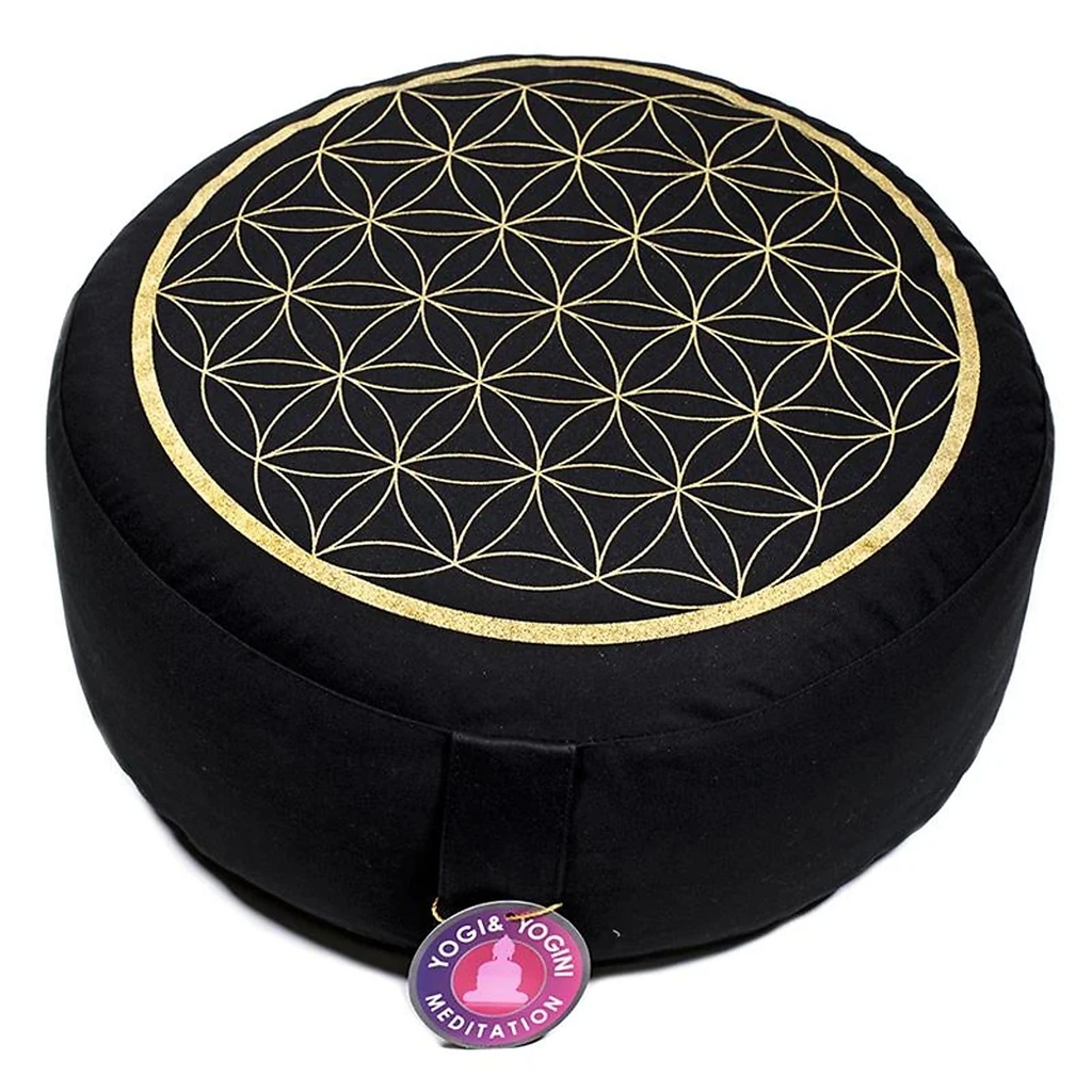[8718969174114] Coussin méditation Fleur de Vie noir et or | 33x17 cm