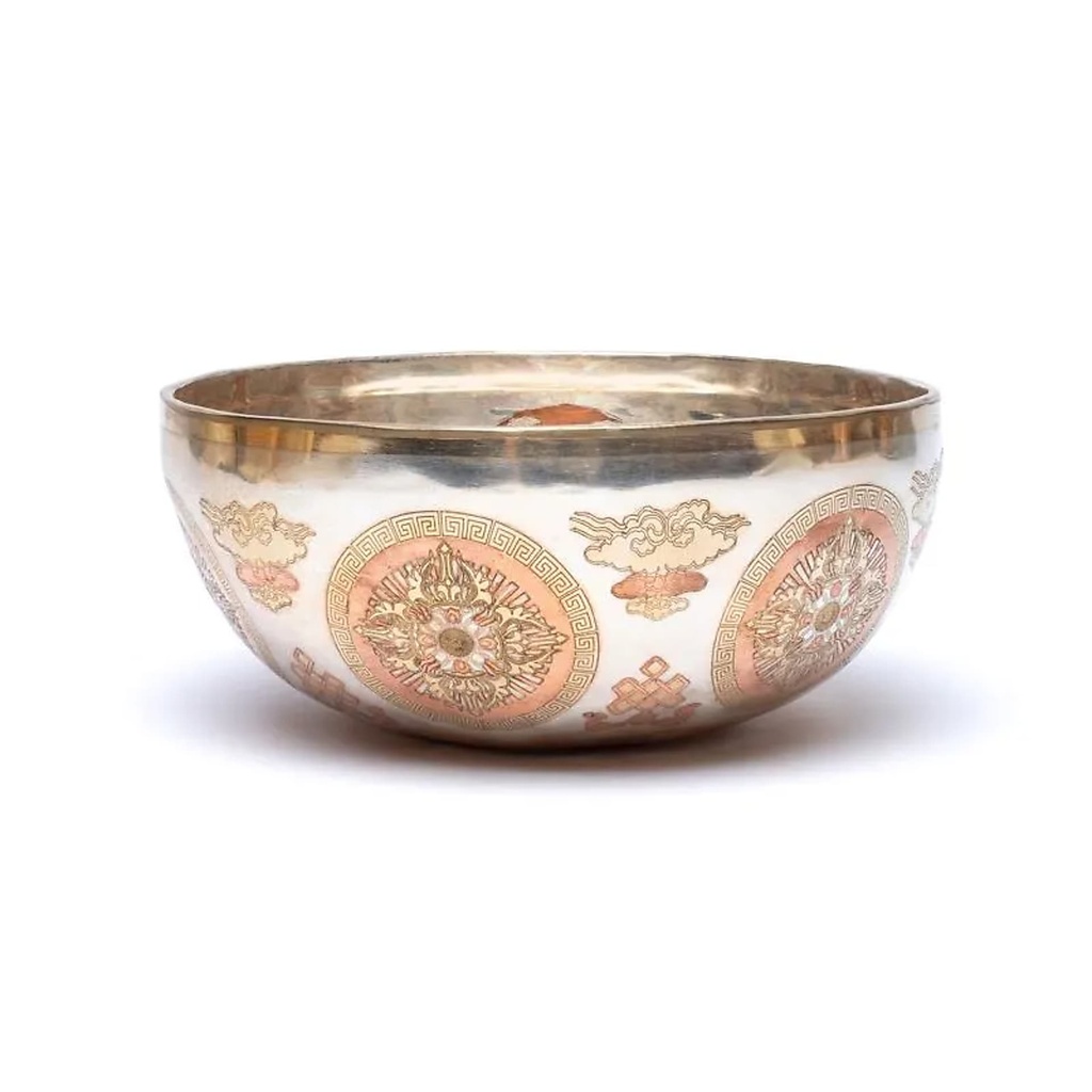 Bol chantant plaqué argent Bouddha Shakyamuni -- ±23cm; ±1500-1800g