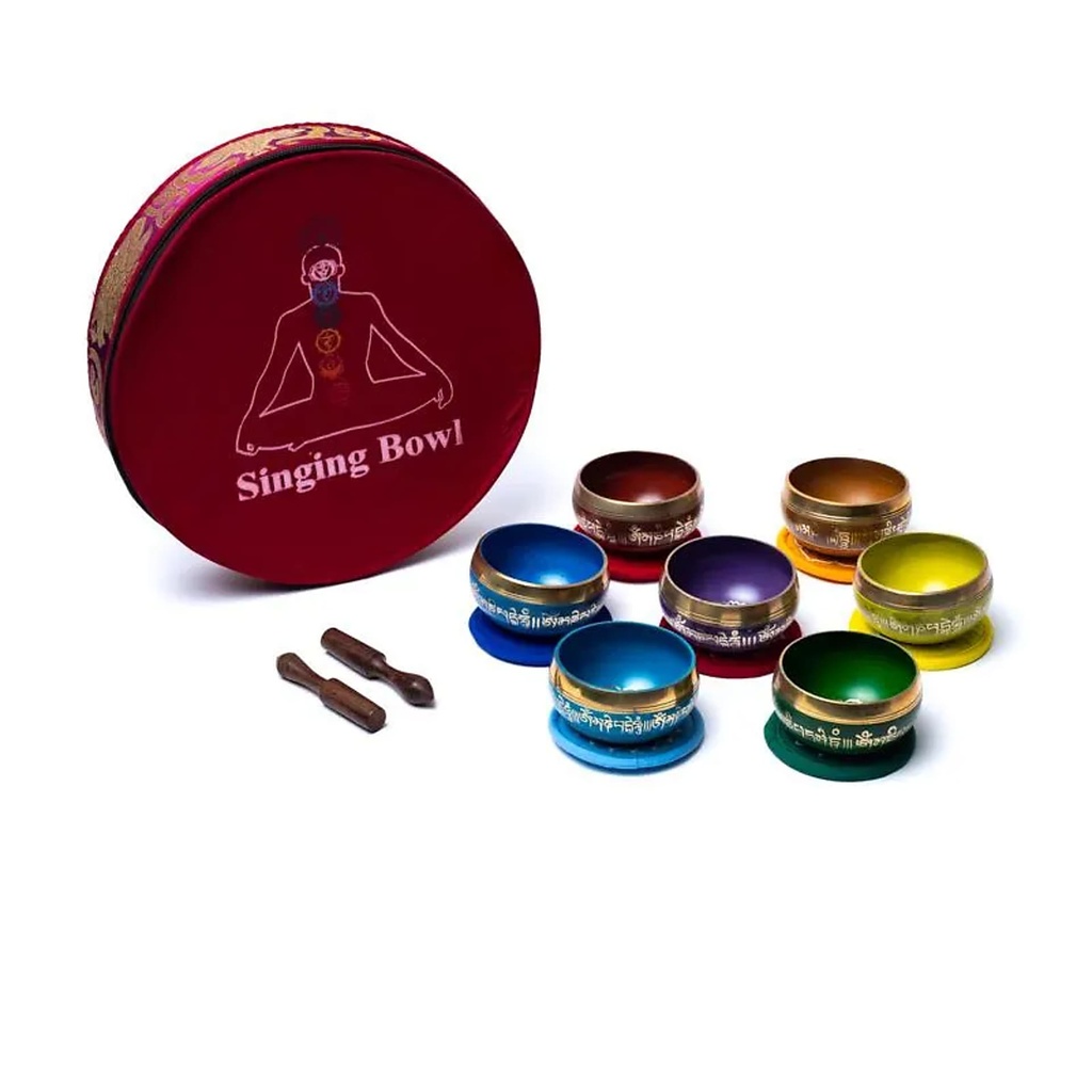 [8718969170789] Set de bols chantants chakras colorés avec housse -- ±1450g