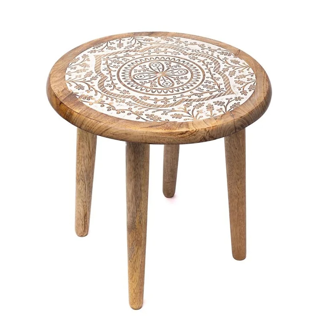 Table d'appoint impression blanche Fleur de Vie bois de manguier -- 30x30x31 cm impression mandala bois de manguier -- 30x30x31 cm