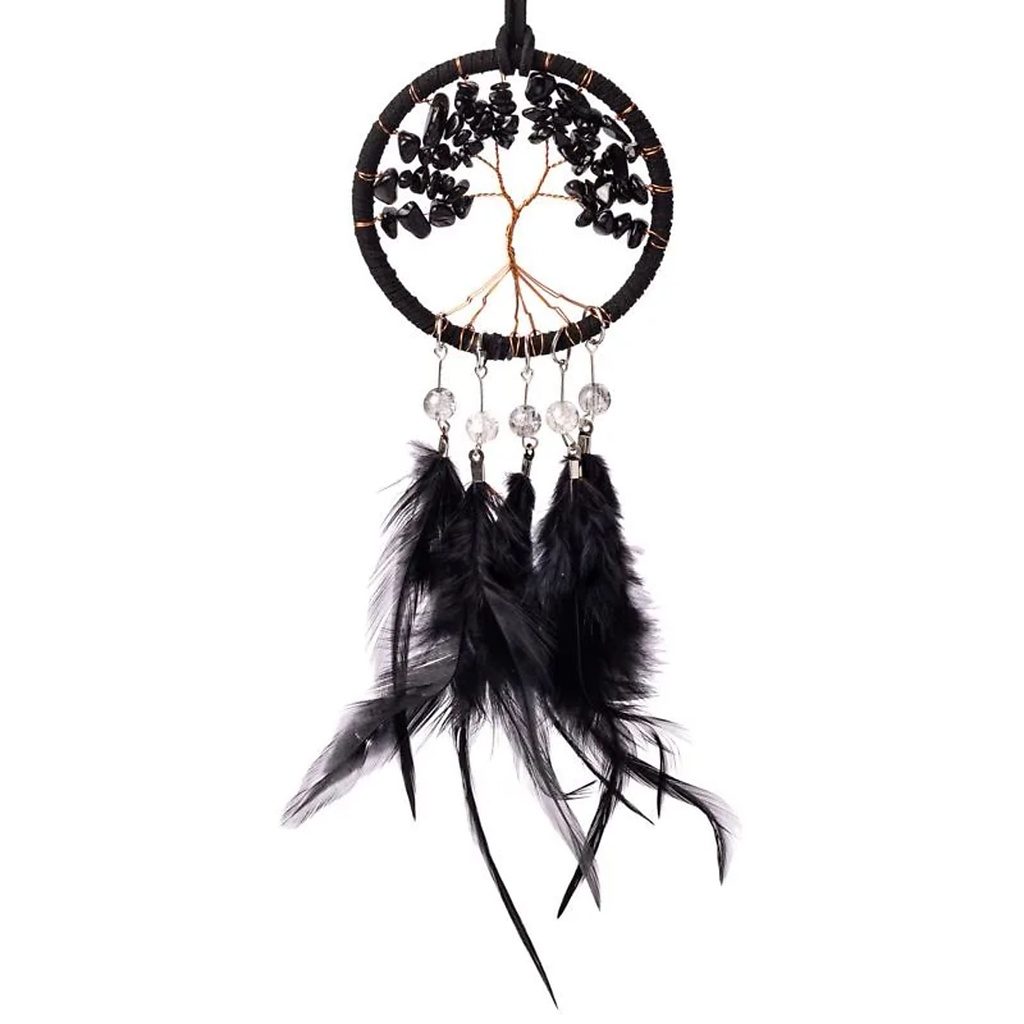 Capteur de rêves Arbre de Vie jaspe noir -- ±7x23cm	