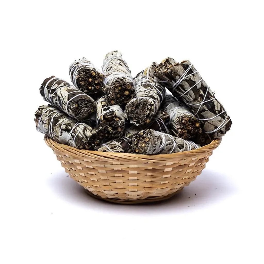 Sauge blanche smudge à la yerba santa S 24 dans un panier -- ±11x3,5 cm ; ±30-40g