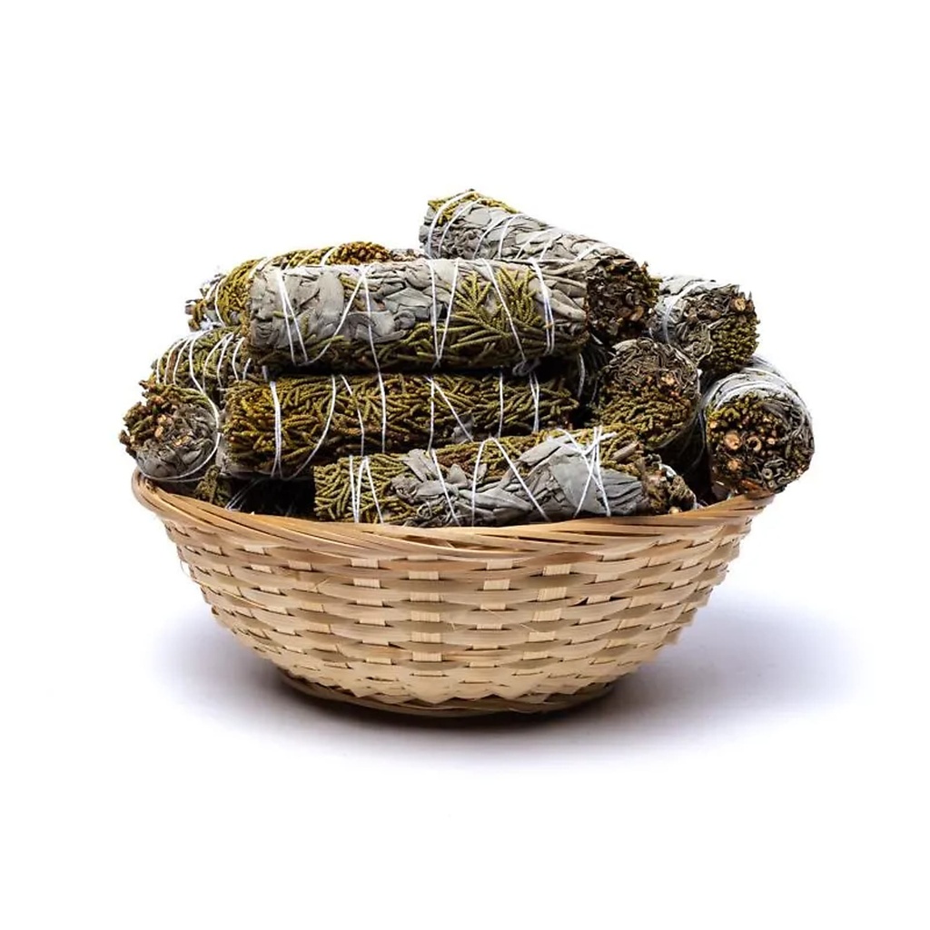 Sauge blanche smudge Genévrier S - 24 dans un panier -- ±11x3,5 cm ; ±30-40g