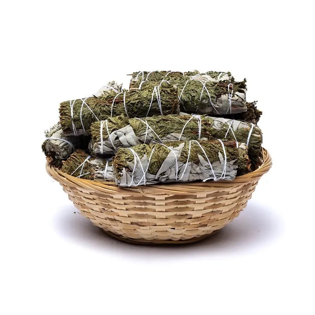 Sauge blanche smudge Cèdre S - 24 dans un panier -- ±11x3,5 cm ; ±30-40g