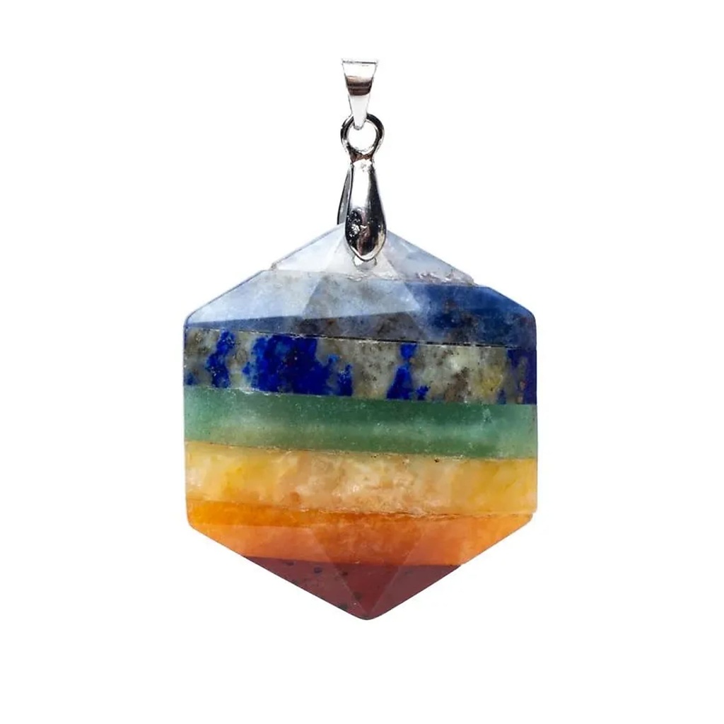Pendentif pierre précieuse hexagonale 7 chakras -- 3 cm