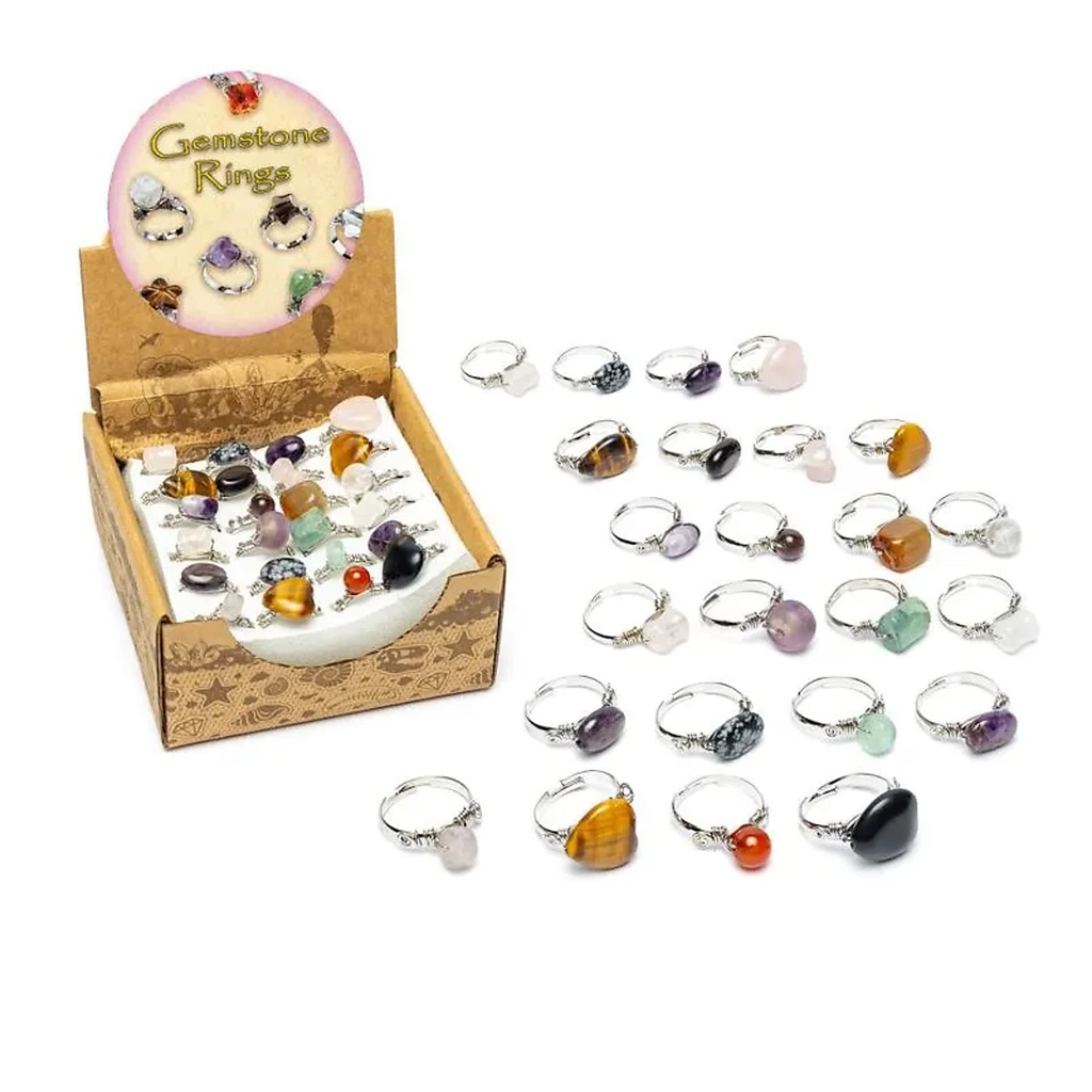 Assortiment de bagues en pierres précieuses 24 pièces dans une boîte présentoir -- 11x11x6cm