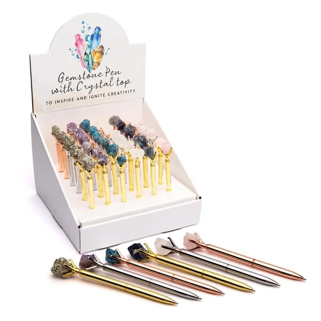 Assortiment de 36 stylos avec pierres précieuses dans un coffret présentoir -- 23x23x17cm