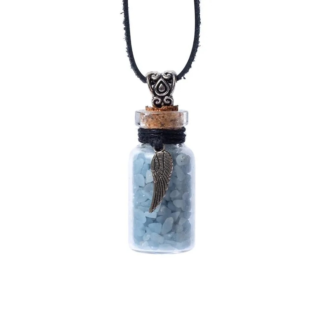 Fiole de verre cadeau sur corde angélite et aile d'ange -- 3,6 cm