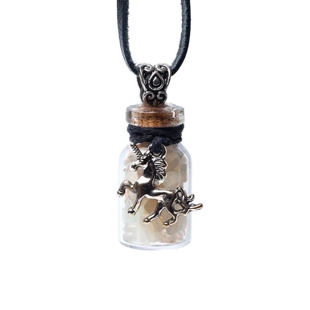 Fiole cadeau en verre sur corde pierre de lune multicolore et licorne -- 3,6 cm