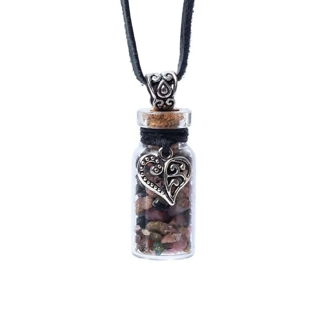 Fiole cadeau en verre sur corde tourmaline et coeur -- 3,6 cm