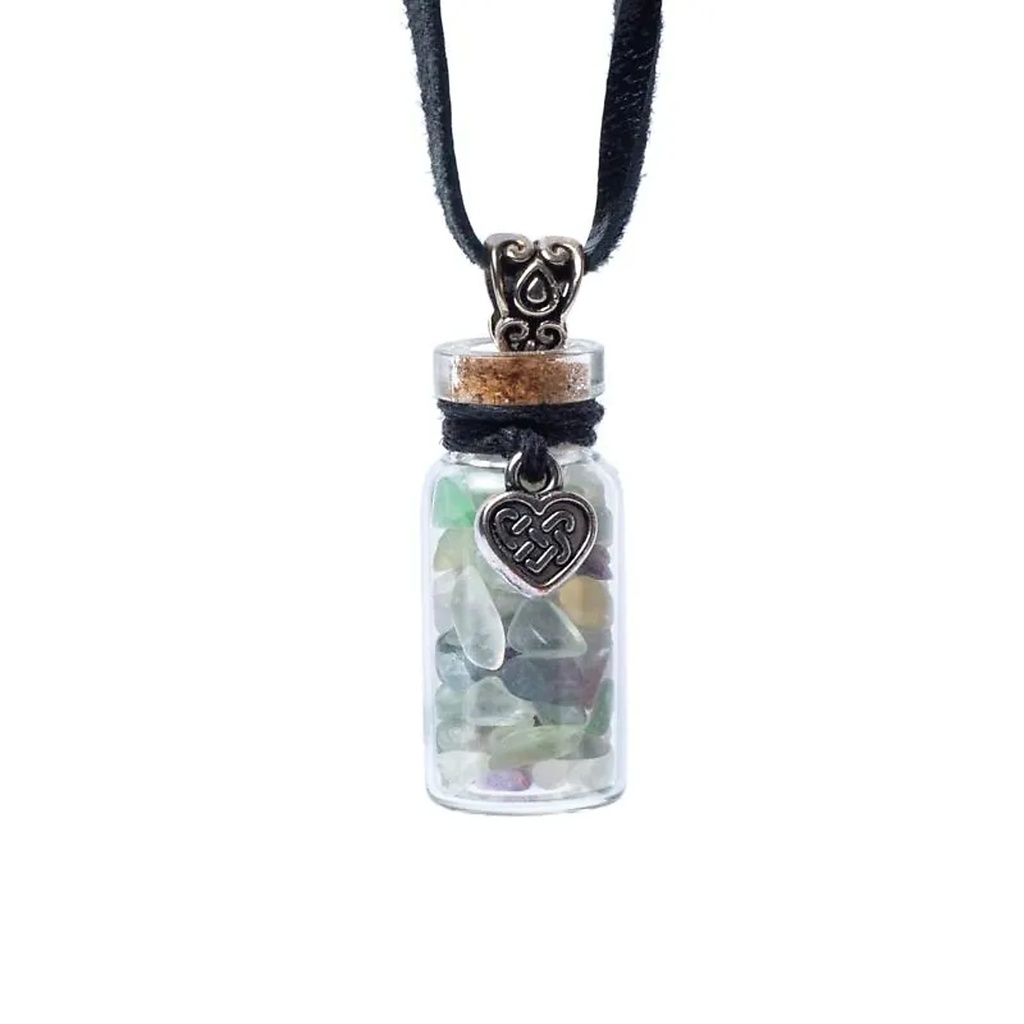 Fiole cadeau en verre sur corde fluorite et coeur celtique -- 3,6 cm