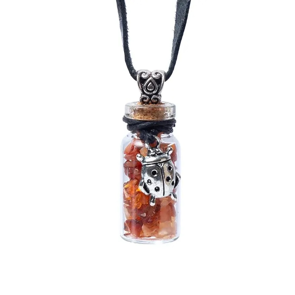 Fiole cadeau en verre sur corde cornaline et coccinelle -- 3,6 cm