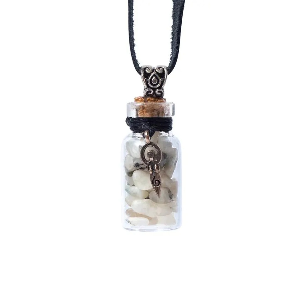 Fiole cadeau en verre sur corde pierre de lune arc-en-ciel et symbole de déesse - 3,6 cm