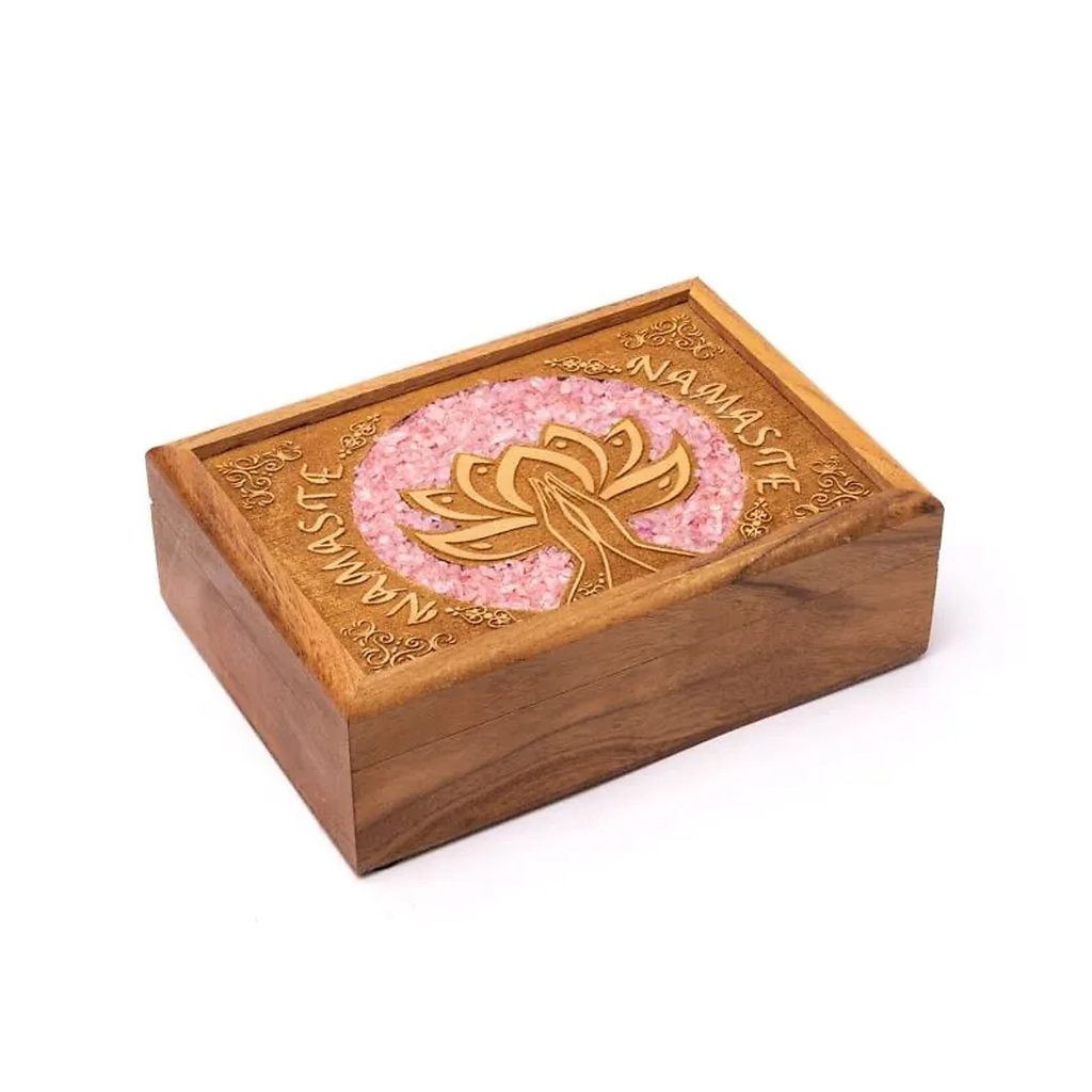 Boîte à tarot ou à bijoux lotus Namaste quartz rose -- 18x12.5x5.5cm