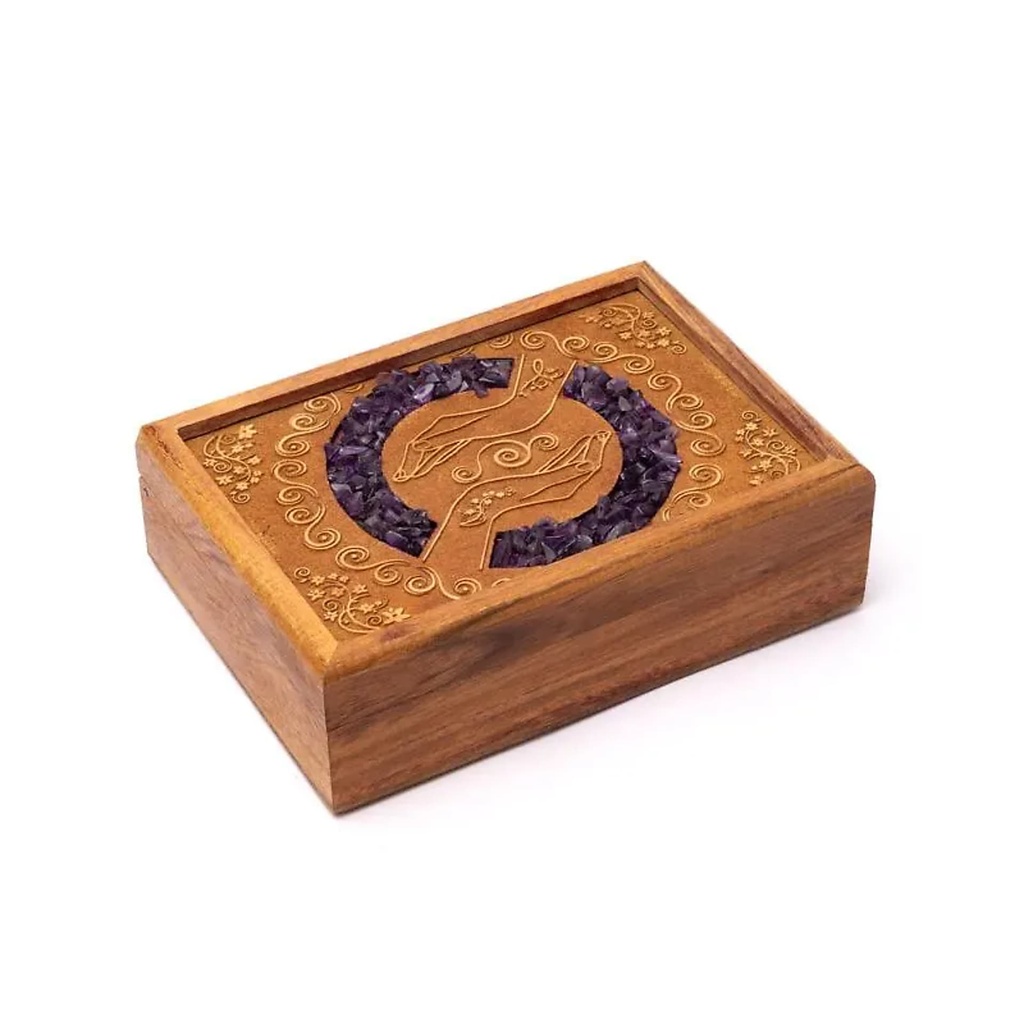 Boîte à tarot ou à bijoux mains guérisseuses améthyste -- 18x12.5x5.5cm	