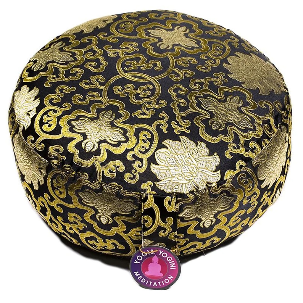 [8718969174909] Coussin de méditation noir fleur de lotus Or | 33x17 cm