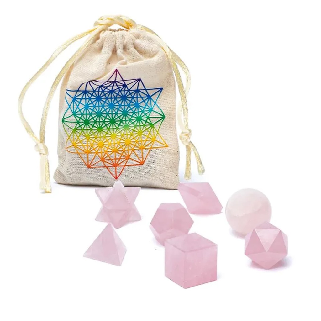 Ensemble de 7 pièces en Quartz Rose géométrie sacrée -- ±6,7x9 cm