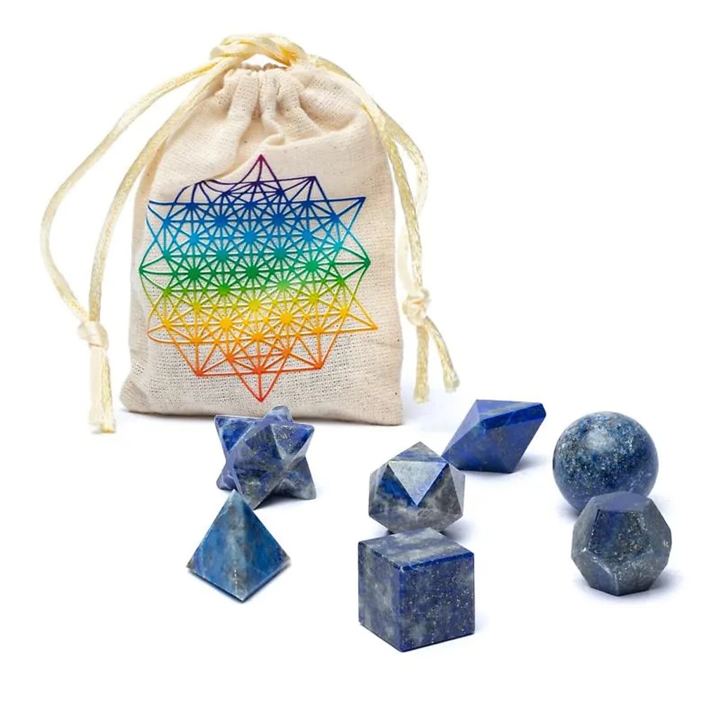 Ensemble de 7 pièces en Lapis Lazuli géométrie sacrée -- ±6,7x9 cm
