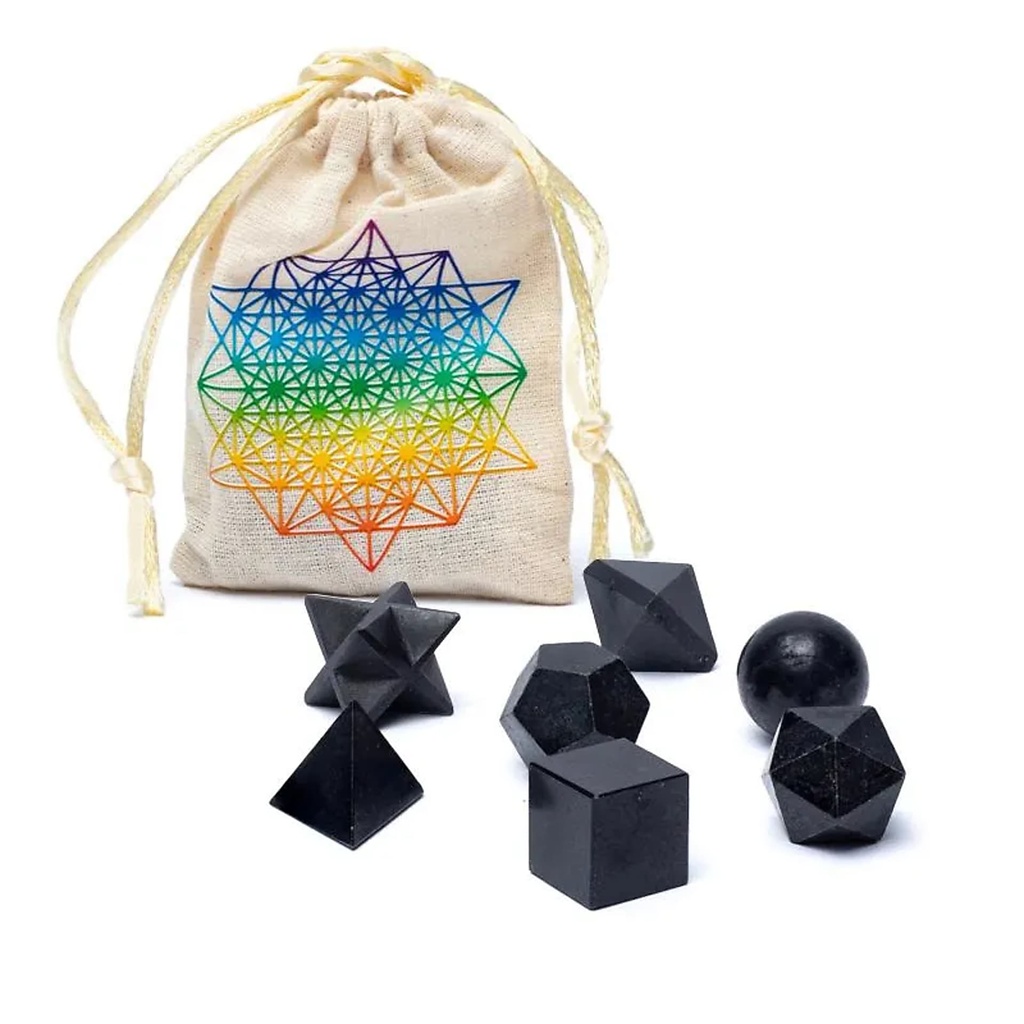 Ensemble de 7 pièces en Tourmaline Noire géométrie sacrée -- ±6,7x9 cm