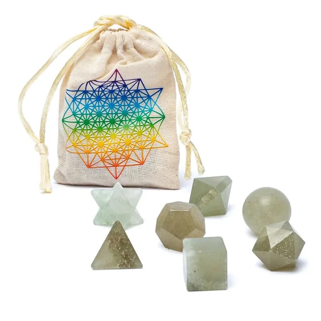 Ensemble de 7 pièces en Aventurine Verte géométrie sacrée -- ±6,7x9 cm