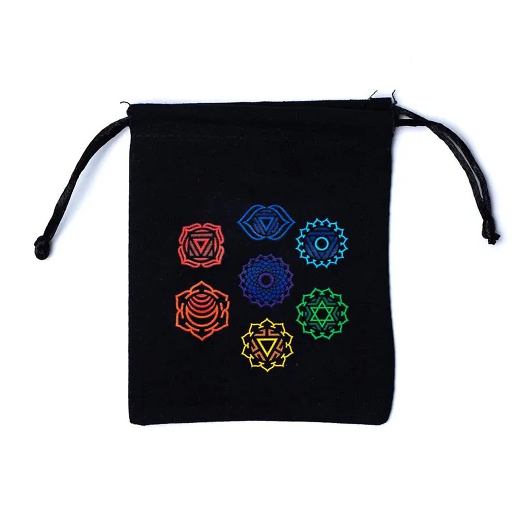 Pochette en coton 7 chakras noir -- 12x10,5cm