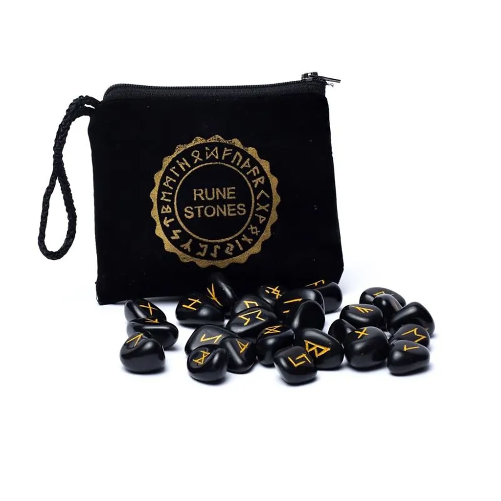SET Rune Oracle en agate noire dans une pochette en velours -- 215g