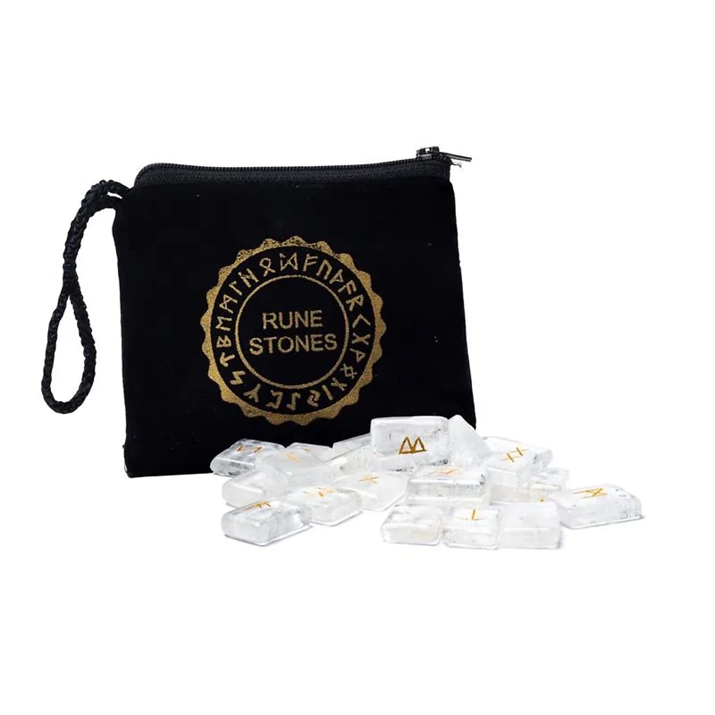 SET Rune Oracle en cristal de roche dans une pochette en velours -- ±2x1,5cm