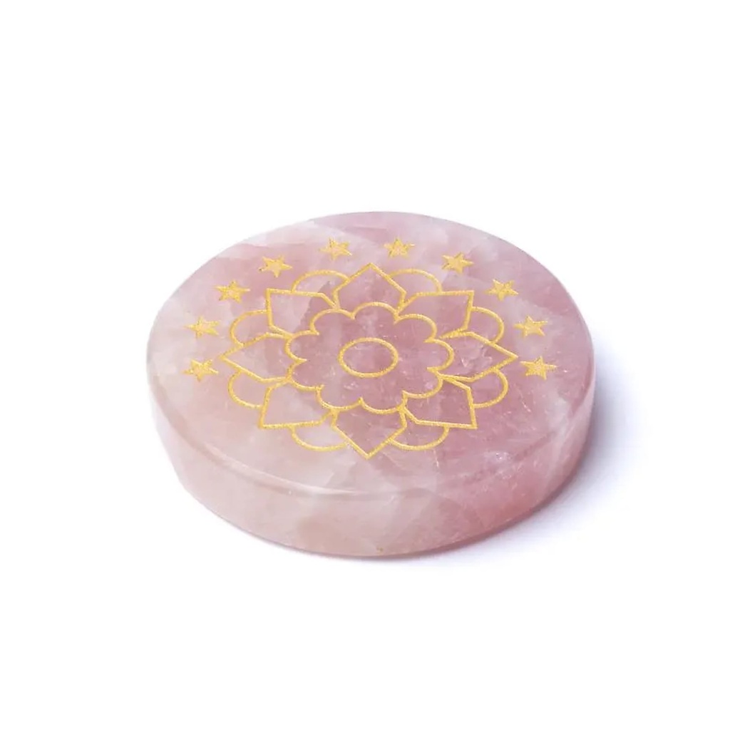 Disque minéral gravé quartz rose lotus -- ±5cm