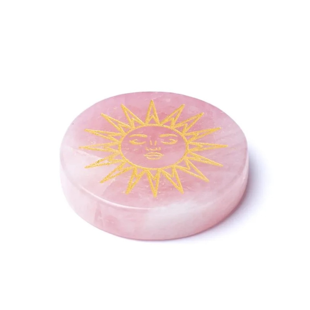 Disque minéral gravé quartz rose soleil -- ±5cm
